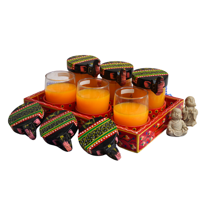 Colourful Tray with 6 glasses & Elephant Lids