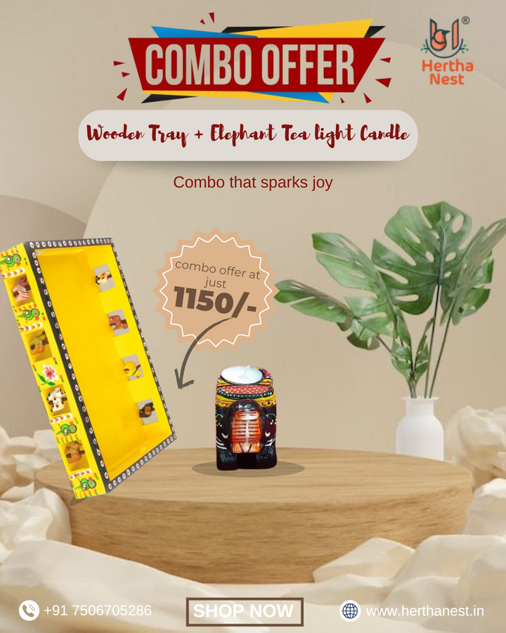 Combo Offer Trey (Yellow) and Elephant Tea Light Candle Holder