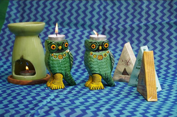 Wooden Colourful Tealight Candleholder- Owl Green