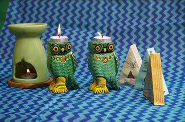 Wooden Colourful Tealight Candleholder- Owl Green
