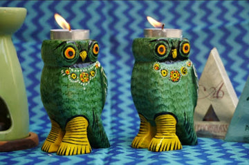 Wooden Colourful Tealight Candleholder- Owl Green