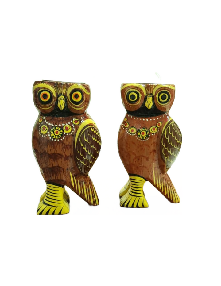 Wooden Colourful Tealight Candleholder- Owl Brown
