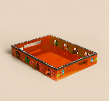 Wooden Hand painted Tray - Big (Orange)-4