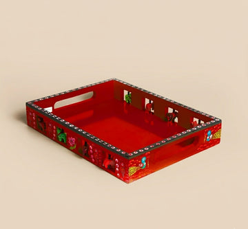 Wooden Hand painted Tray - Big (Red) -6