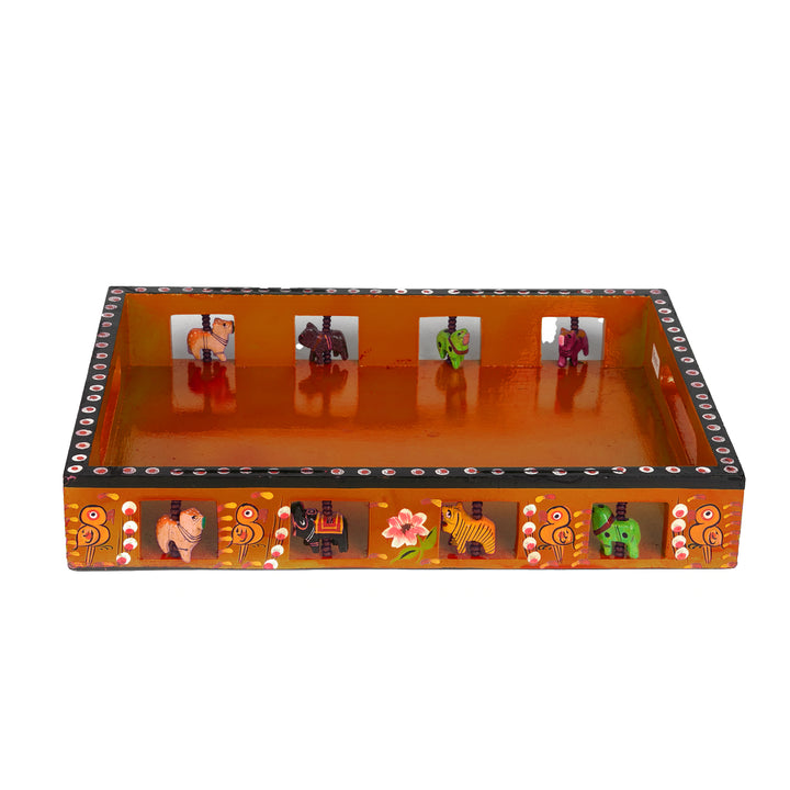 Wooden Hand painted Tray - Big Size (14 X 12 X 2 inches) (Orange)