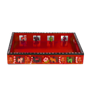 Wooden Hand painted Tray - Big Size (14 X 12 X 2 inches) (Red)