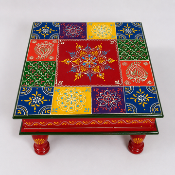 Wooden Square Chaurang/Chowki - Multicolor - 12 Inch