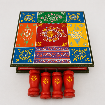 Wooden Square Chaurang/Chowki - Multicolor - 10 Inch