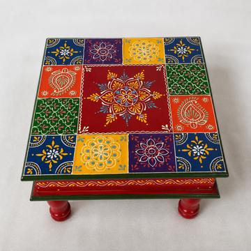 Wooden Square Chaurang/Chowki - Multicolor - 12 Inch