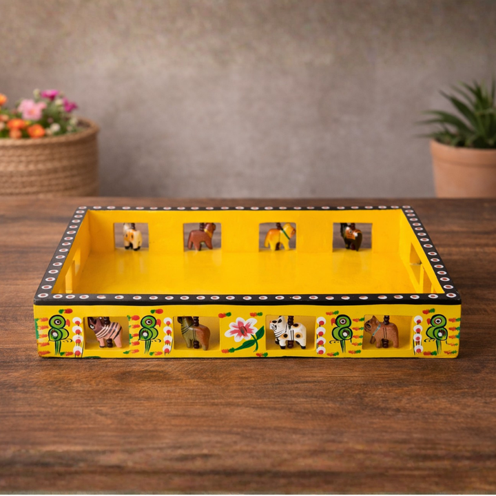 Wooden Hand painted Tray - Big Size (14 X 12 X 2 inches) (Yellow)