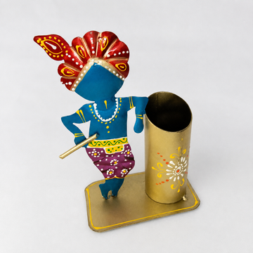 Blue Krishna Pen Holder - 4.5 × 4 Inches