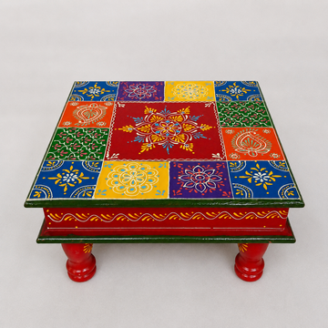 Wooden Square Chaurang/Chowki - Multicolor - 12 Inch