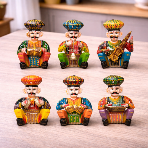 Rajasthani Wooden Bawla Musician Set- Multicolored  - 5 inches