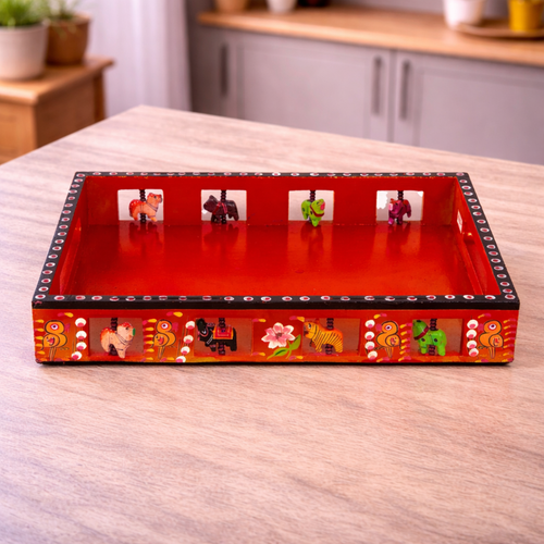 Wooden Hand painted Tray - Big Size (14 X 12 X 2 inches) (Red)