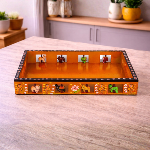 Wooden Hand painted Tray - Big Size (14 X 12 X 2 inches) (Orange)