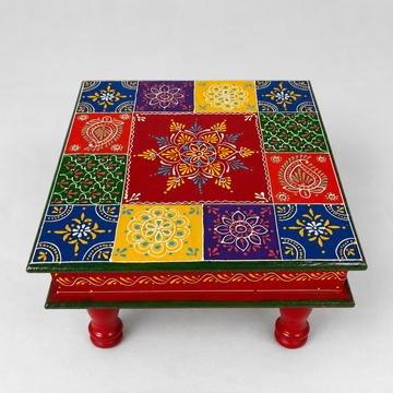 Wooden Square Chaurang/Chowki - Multicolor - 12 Inch