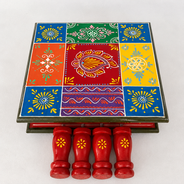 Wooden Square Chaurang/Chowki - Multicolor - 10 Inch