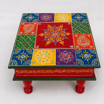 Wooden Square Chaurang/Chowki - Multicolor - 12 Inch