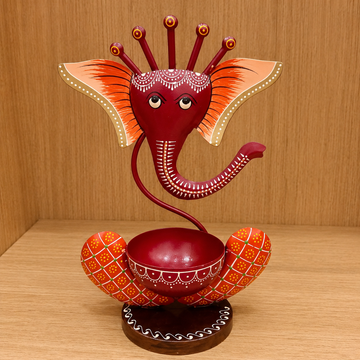 Wooden Ganesh Tealight Holder - 10 × 6 Inches