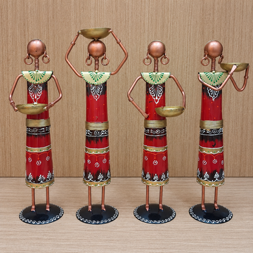 4 Piece Tribal Lady Diya Set - Red