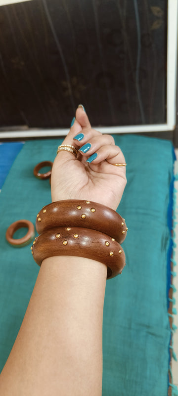Wooden Bangles - Golden Dots Delight ( Set of 2)