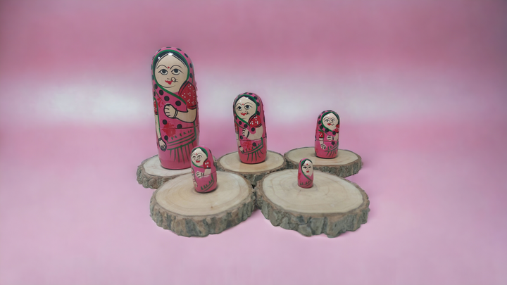 Wooden Handmade & Hand Painted Wooden Women Nesting Dolls - Set of 5 (Pink)