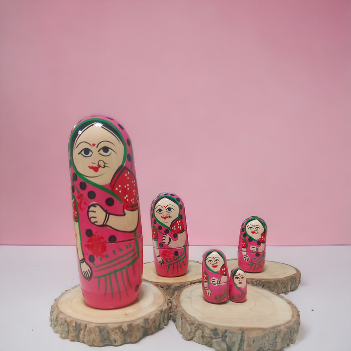 Wooden Handmade & Hand Painted Wooden Women Nesting Dolls - Set of 5 (Pink)