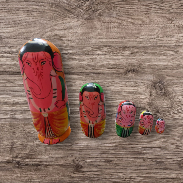 Wooden Handmade & Hand Painted Wooden Ganpati Nesting Dolls - Set of 5