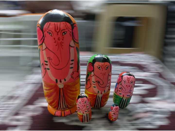 Wooden Handmade & Hand Painted Wooden Ganpati Nesting Dolls - Set of 5