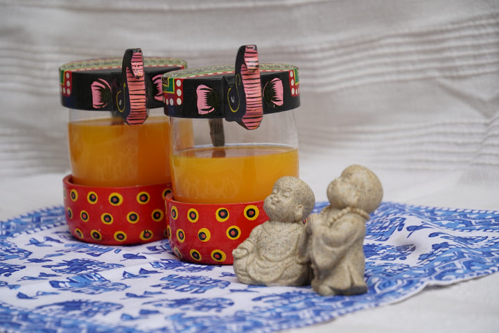 Colourful Tray with 6 glasses & Elephant Lids