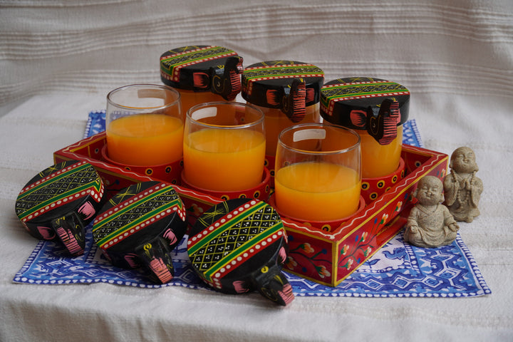 Colourful Tray with 6 glasses & Elephant Lids