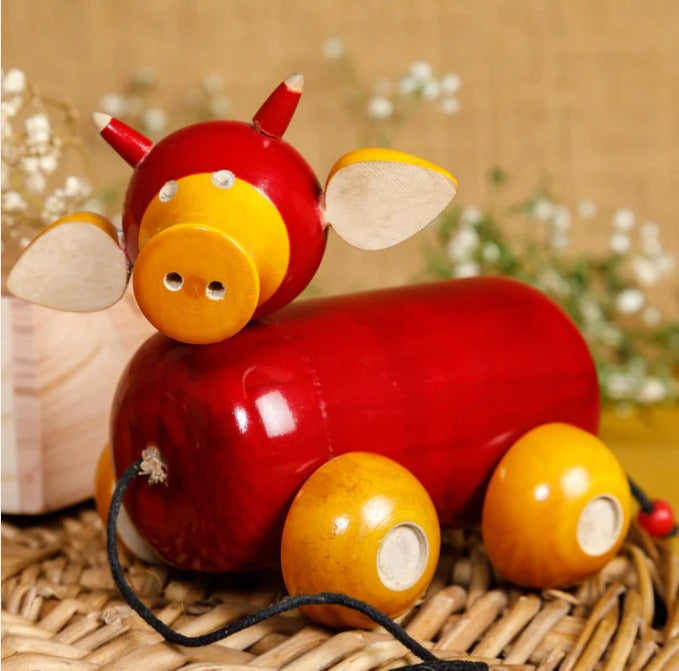 Wooden Ox / Cow Car Red