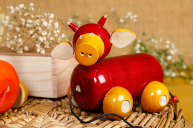 Wooden Ox / Cow Car Red