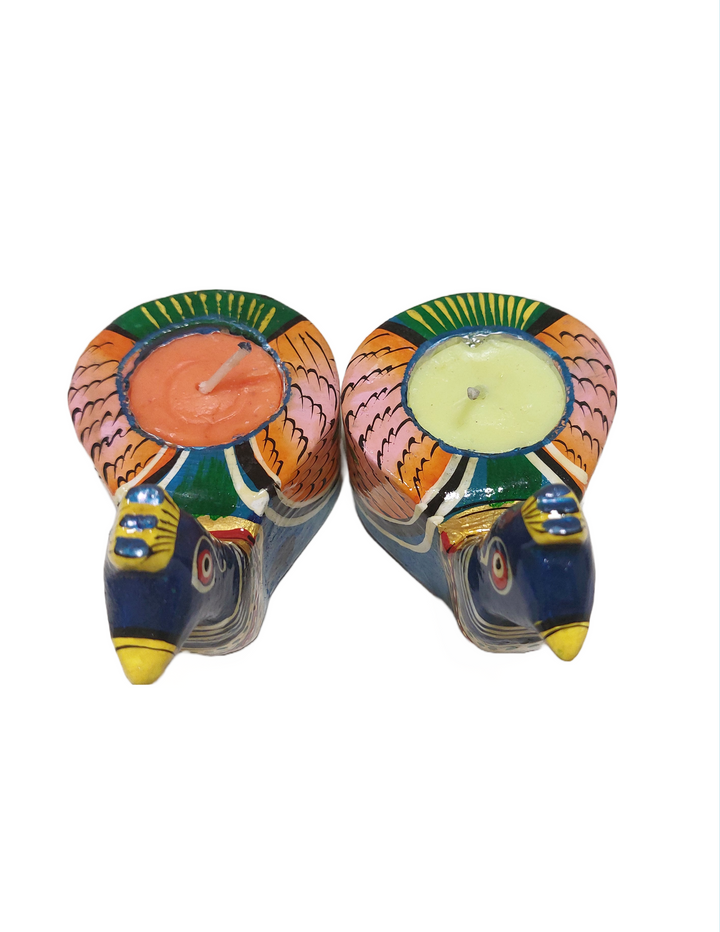 Wooden Colourful Tealight Candle holders- Peacock  (Set of 2)