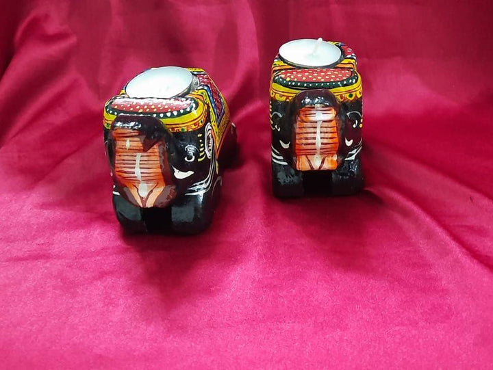 Wooden Colourful Tealight Candleholder- Elephant (Set of 2)