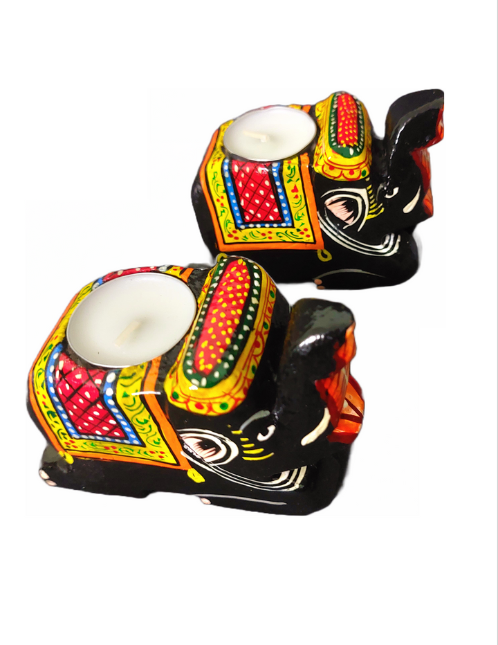 Festive Tray Wooden Colourful Tealight candle holder- Elephant