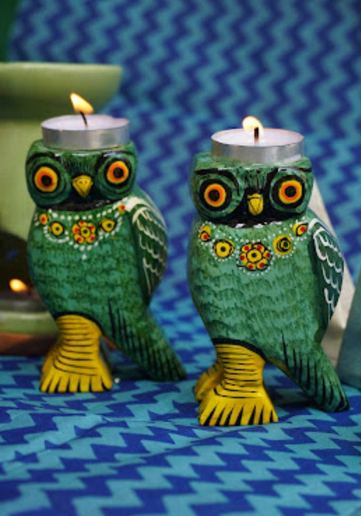 Wooden Colourful Tealight Candleholder- Owl Green(Set of 2)