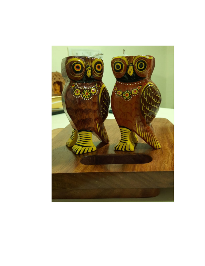 Wooden Colourful Tealight Candleholder- Owl Brown(Set of 2)