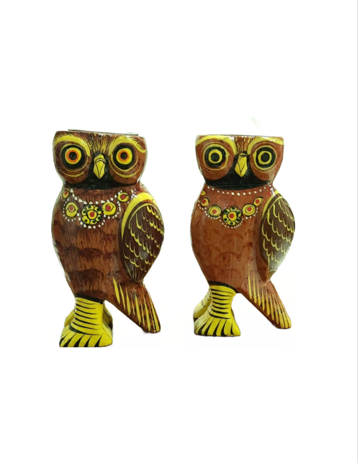 Wooden Colourful Tealight Candleholder- Owl Brown(Set of 2)