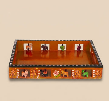 Wooden Hand painted Tray - Big (Orange)-2