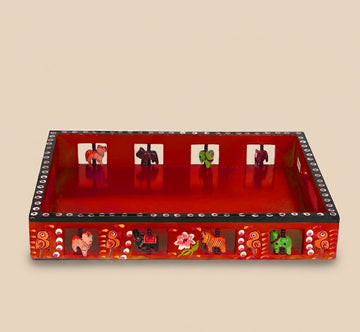 Wooden Hand painted Tray - Big (Red) 2