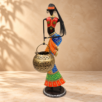 Set of 2 - Tribal Lady with Matka Iron Handicraft Showpiece