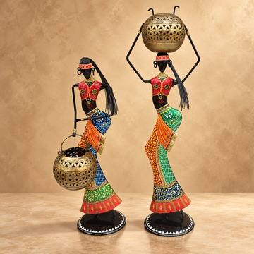 Set of 2 - Tribal Lady with Matka Iron Handicraft Showpiece