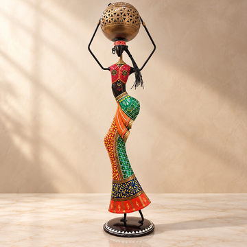 Set of 2 - Tribal Lady with Matka Iron Handicraft Showpiece
