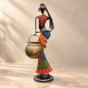 Set of 2 - Tribal Lady with Matka Iron Handicraft Showpiece