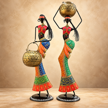 Set of 2 - Tribal Lady with Matka Iron Handicraft Showpiece
