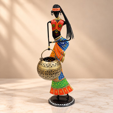 Set of 2 - Tribal Lady with Matka Iron Handicraft Showpiece