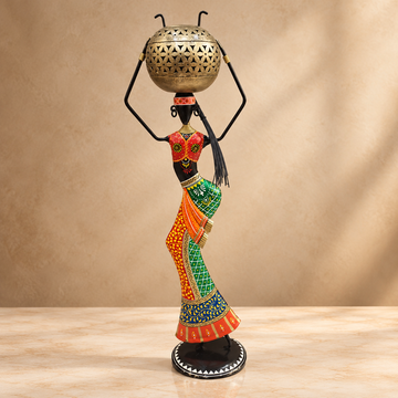 Set of 2 - Tribal Lady with Matka Iron Handicraft Showpiece