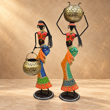 Set of 2 - Tribal Lady with Matka Iron Handicraft Showpiece