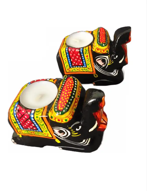 Wooden Colourful Tealight Candleholders - Elephant